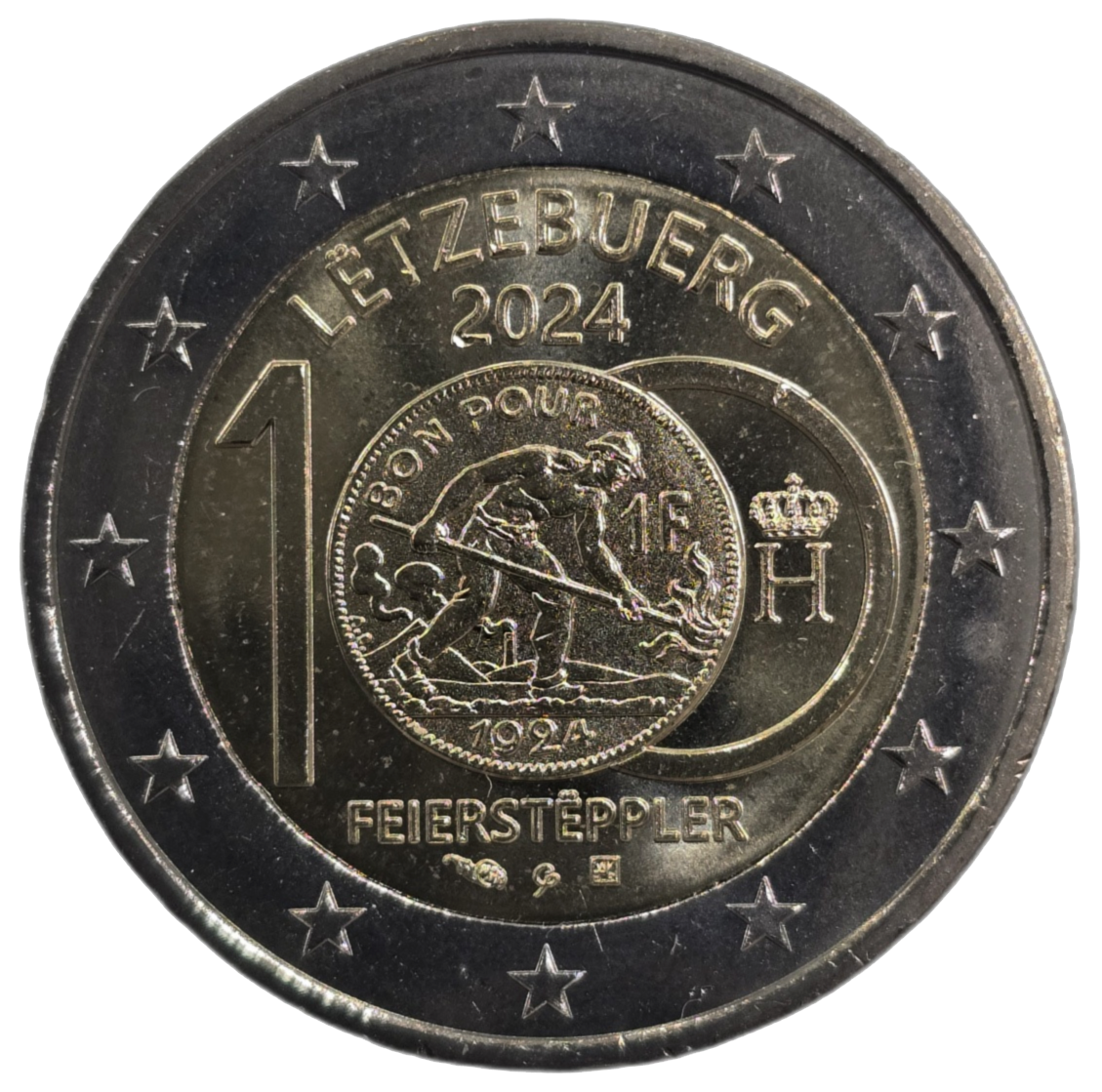 2 euros conmemorativa Centenario de la introducción de monedas en francos luxemburgueses con la imagen del Feierstëppler